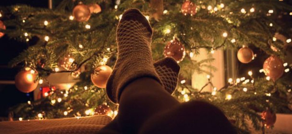 Socks in front of Christmas tree