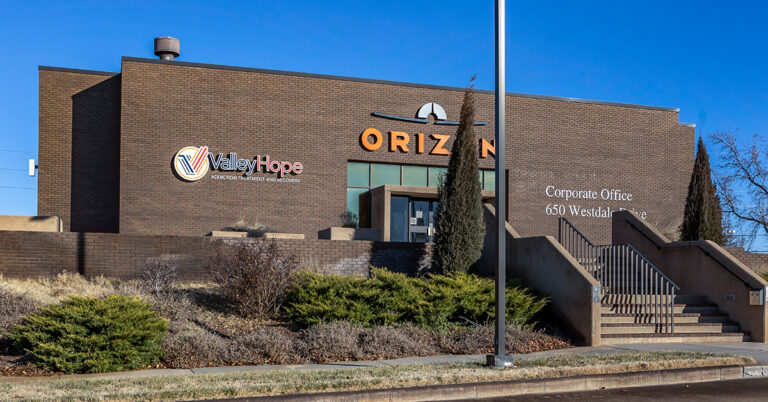 A corporate office building with a sign for "Valley Hope" and "Orizon." Features stairs and landscaping in front.