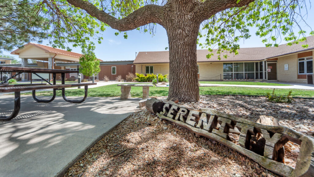 A serene outdoor area featuring a large tree, picnic table, stone benches, and a wooden sign that reads "SERENITY."