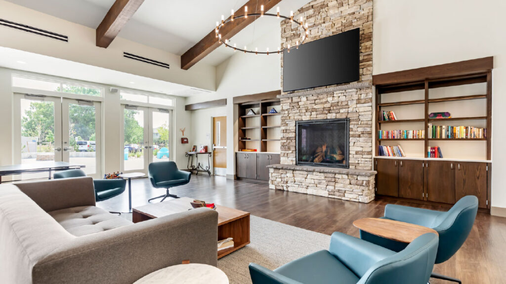 A modern living room featuring a stone fireplace, large TV, bookshelves, and comfortable seating with natural light from large windows.