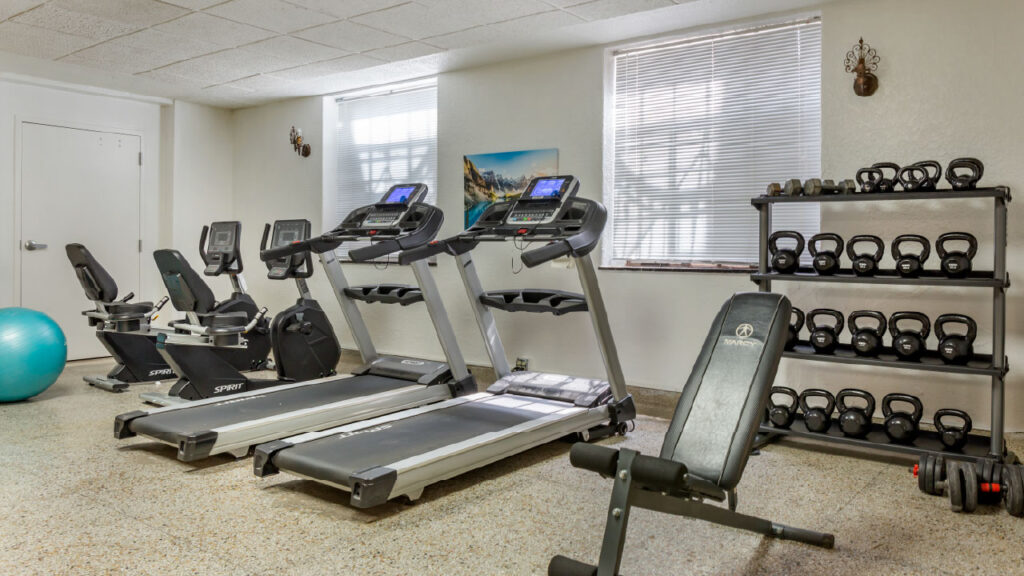 A fitness room featuring treadmills, stationary bikes, a weight bench, kettlebells, and a stability ball.