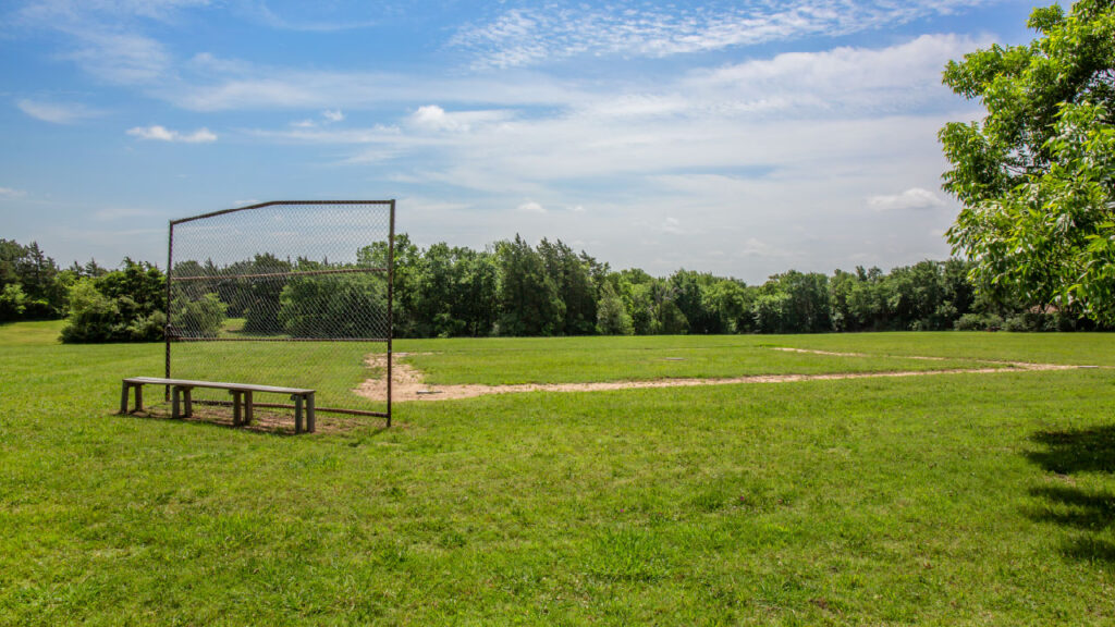 A grassy field with a baseball diamond and a chain-link backstop under a blue sky with scattered clouds.