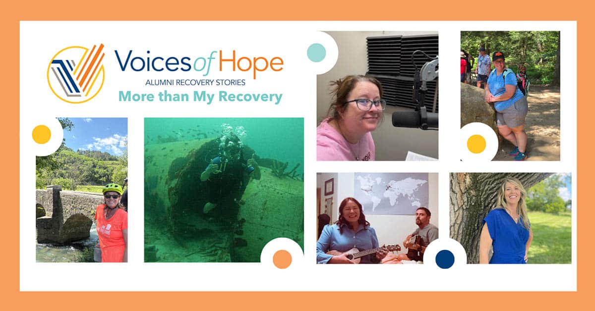 A collage featuring diverse individuals engaged in various activities, promoting recovery stories under "Voices of Hope."
